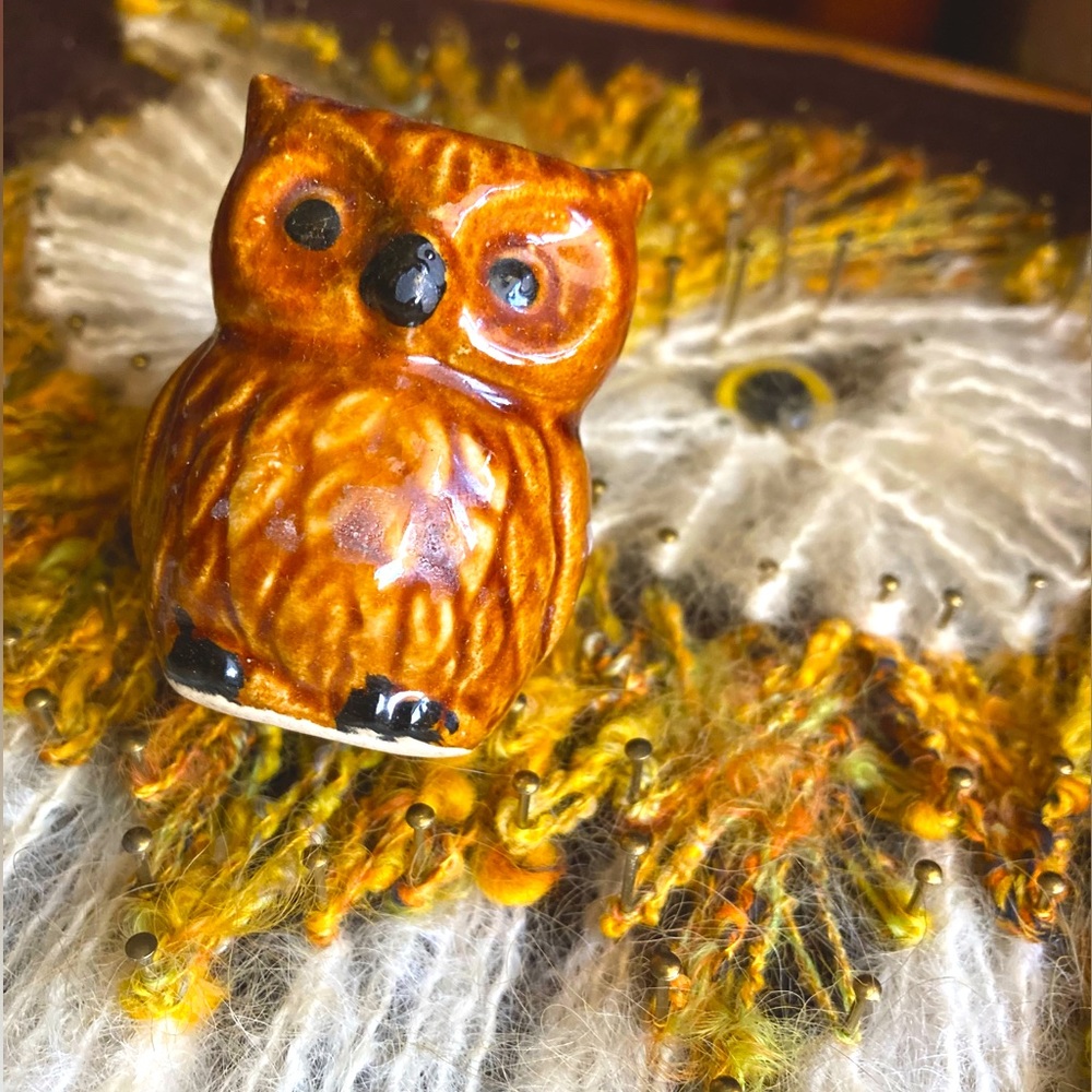 Vintage MCM ceramic owl brown owl toothpick holder